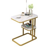 小桌子简约 边几  茶几 小方桌  双层边桌 多功能可移动  铁艺框架 白色纹理金架  50*58*30CM