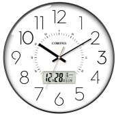 康巴丝 D6219AY 挂钟客厅钟表 万年历挂墙时钟 自动对时电波钟 黑色 35cm