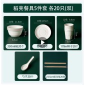 岑曼 一次性餐具五件套野餐套装  350ml碗+碟+杯+筷+小勺 每样20个 （单位：包）