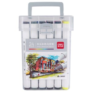 得力（deli）70803-24   24色马克笔彩色双头学生套装绘画手绘涂鸦笔画笔荧光笔专业款/盒