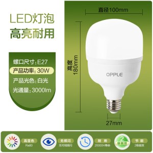 欧普（OPPLE）LED灯泡 节能灯泡 E27大螺口 30瓦白光 适用20-25平方米（单位：个）