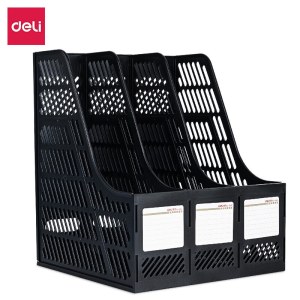 得力 9847 三联文件框(黑色) 办公室桌面四栏带标签资料文件架